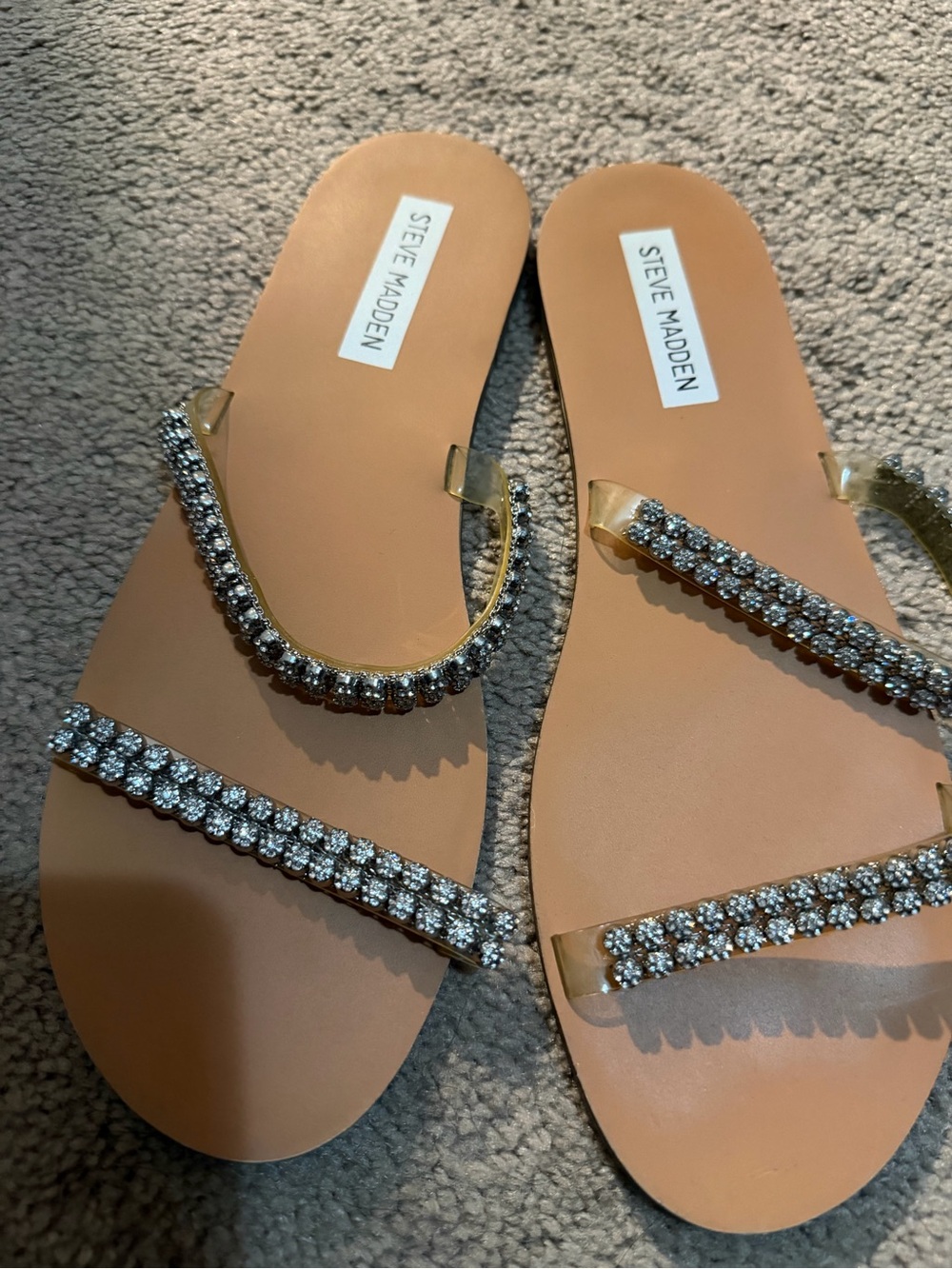 Steve Madden Tan Slide Sandals with Crystal-Strap Detail